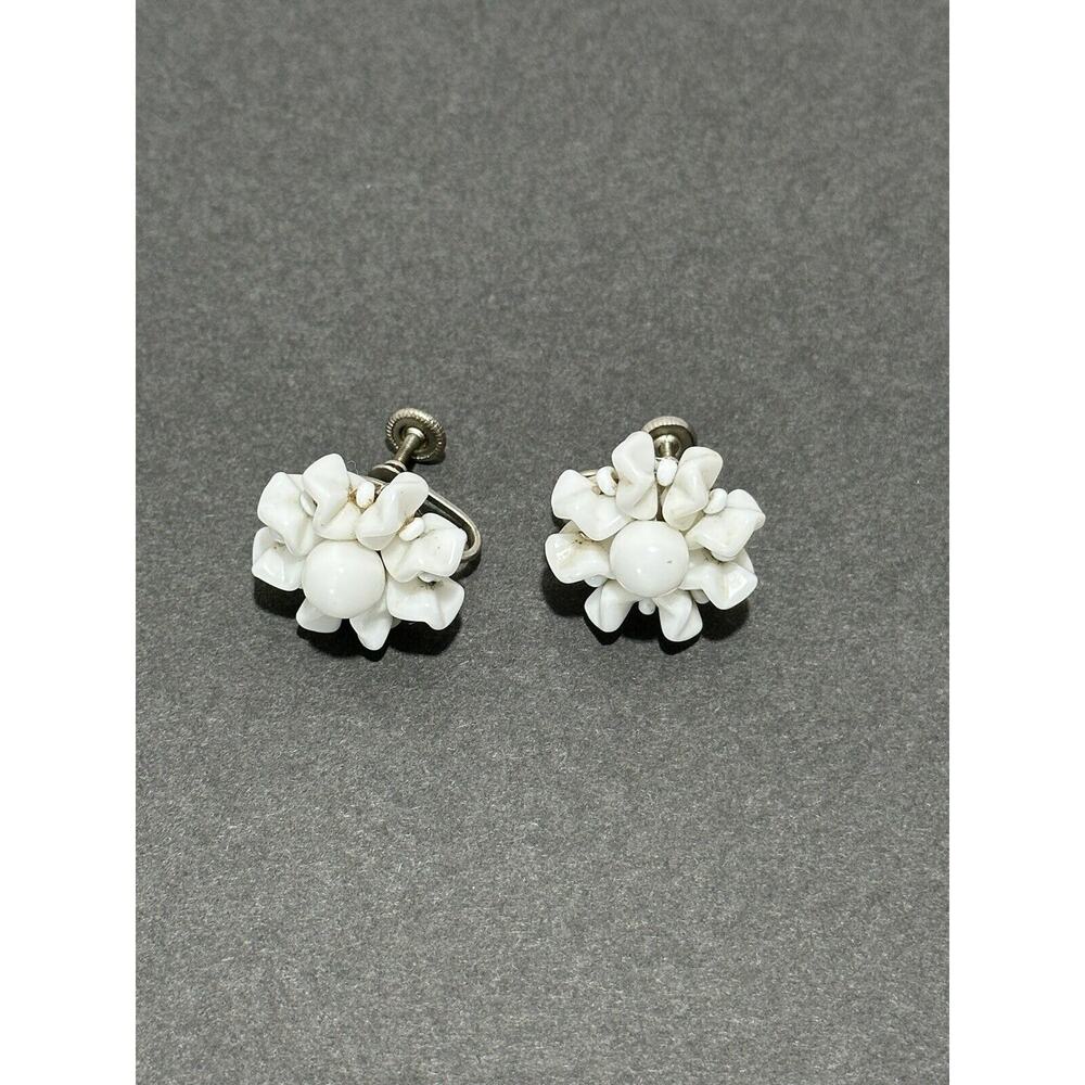 Vintage White Milk‎ Glass Flower Beaded Earrings Screw Back - Western GERMANY